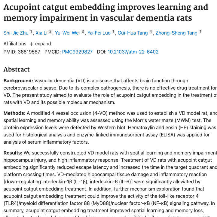 Acupoint catgut embedding improves learning and memory impairment in vascular dementia rats