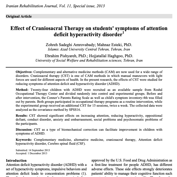 소아 ADHD 환자 24명 두개천골치료 연구