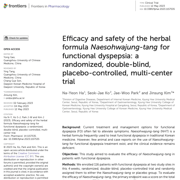 Efficacy and safety of the herbal formula Naesohwajung-tang for functional dyspepsia