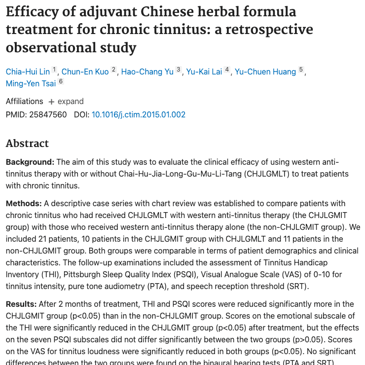 Efficacy of adjuvant Chinese herbal formula treatment for chronic tinnitus