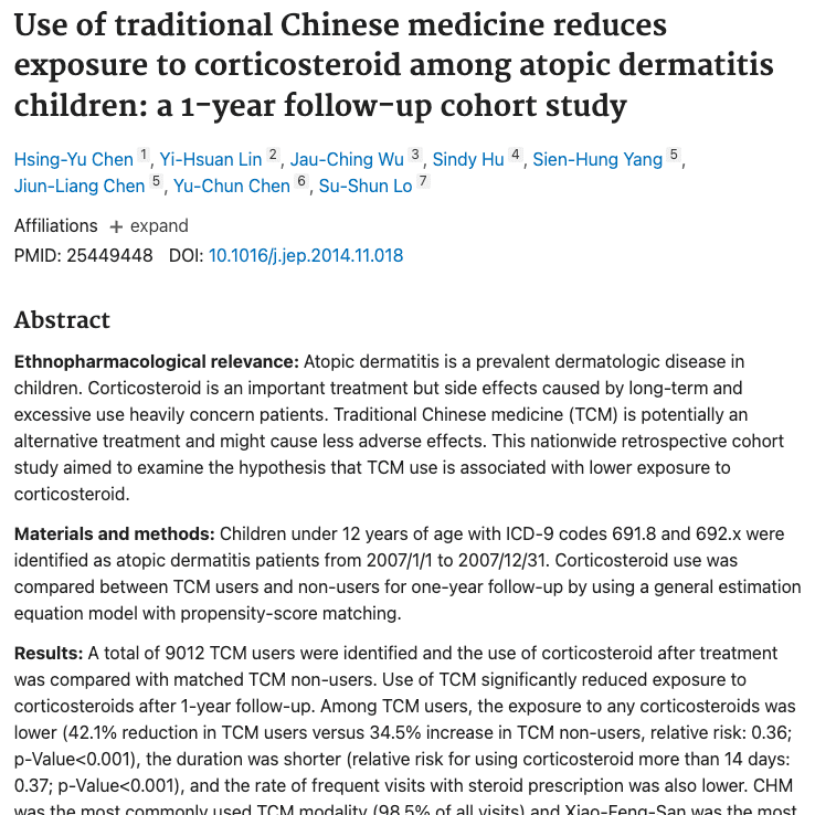 Use of traditional Chinese medicine reduces exposure to corticosteroid among atopic dermatitis children